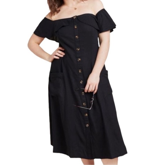 Anthropologie Oahu Black Off the Shoulder Midi Dress Linen Blend Milkmaid 20W - Picture 1 of 13